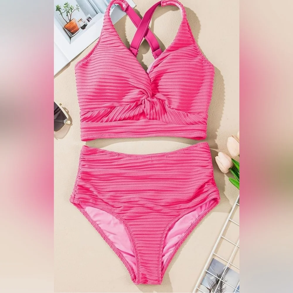 Vibrant Pink Ribbed Bikini Set size small